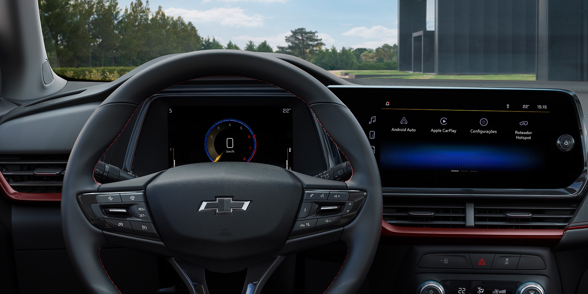 Interior con volante y pantalla multimedia de la Tracker 2026