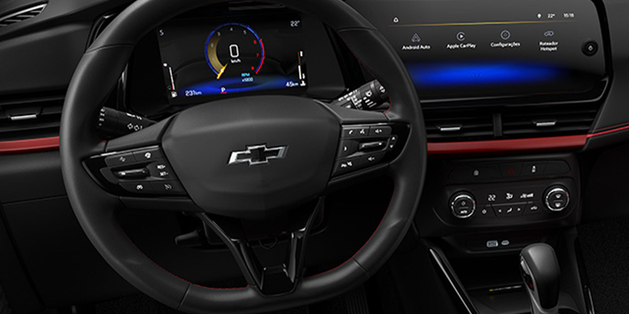 Interior con volante y pantalla multimedia de la Tracker 2026